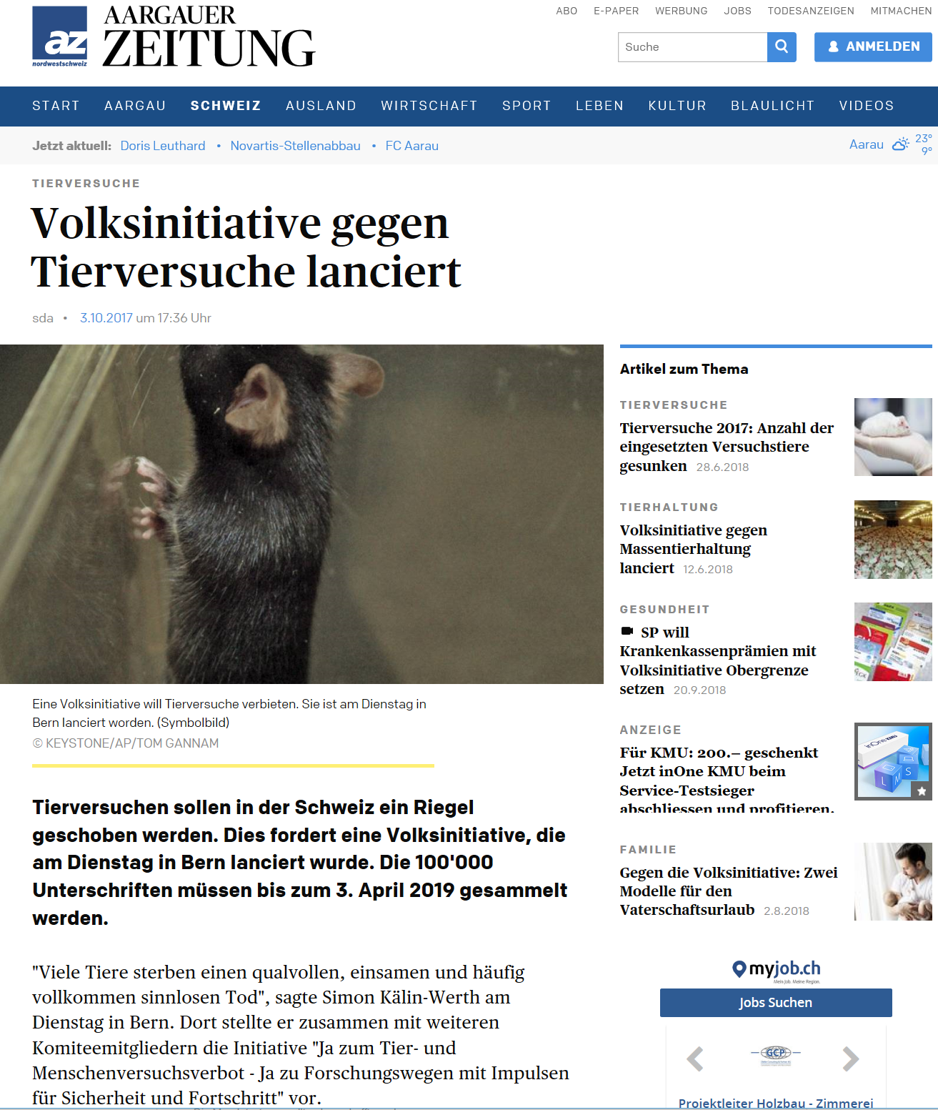 Image Volksinitiative gegen Tierversuche lanciert